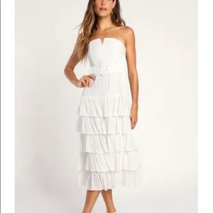 White Strapless Belted Tiered Midi Dress